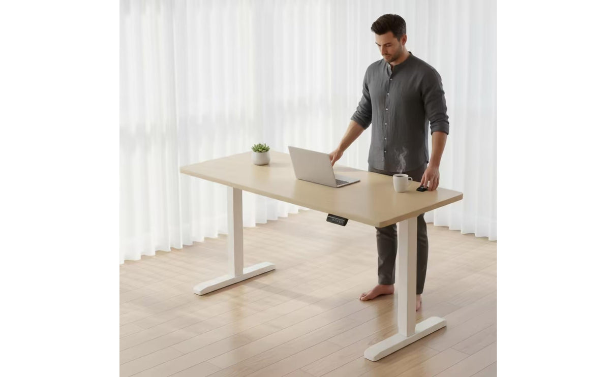 Single Motor Electric Standing Desk Wooden Top Height Adjustable Desk Metal Frame Height Adjustable Table T-Shaped Base