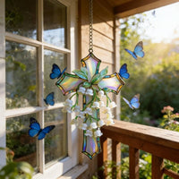 flower of the Valley Cross Creates Light Effects Floral Cross Hanging Ornament Handmade House Decoration for Garden
