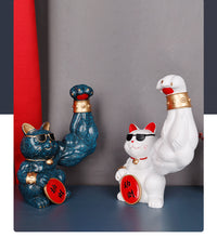 Creative Lucky Cat Figurine with Muscular Arm for Wealth and Business Opening
