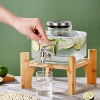 Glass Water Dispenser with Metal Stand, Square Juice Dispenser with Metal Tap, Light Frosted Crystal Pattern Beverage Dispenser