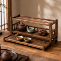 Walnut Wood Three-Tier Tea Set Shelf with Chinese Style