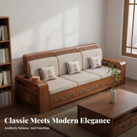 Walnut Wood Carved Sofa Set Double Use Winter Summer Chinese Design Wooden Sofa Mortise and Tenon Joinery Sectional Couch with Storage for Families
