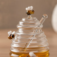 Wide Mouth Honey Jar with Dipper Ribbed Honey Jar with Lid Clear Glassware Transparent for Tea Station, Breakfast Table