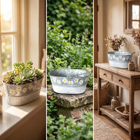 Galvanized Iron Planter with Handles Rustic Oval Metal Planter Embossed Floral Metal Plant Pot with Handles for Balcony