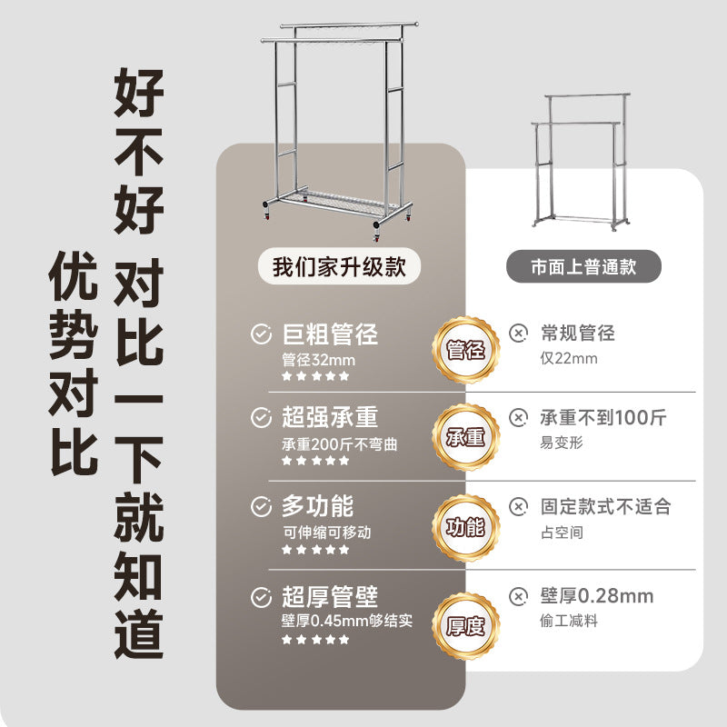 Stainless Steel Double Rod Floor Standing Clothes Drying Rack, Retractable, Push-Pull, for Indoor/Outdoor Balcony