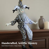 Dangling Leg Clown Doll Tear Drop Feature Sitting Porcelain Clown Handmade Fool Figurine Posable Tri-Cherub Design Doll