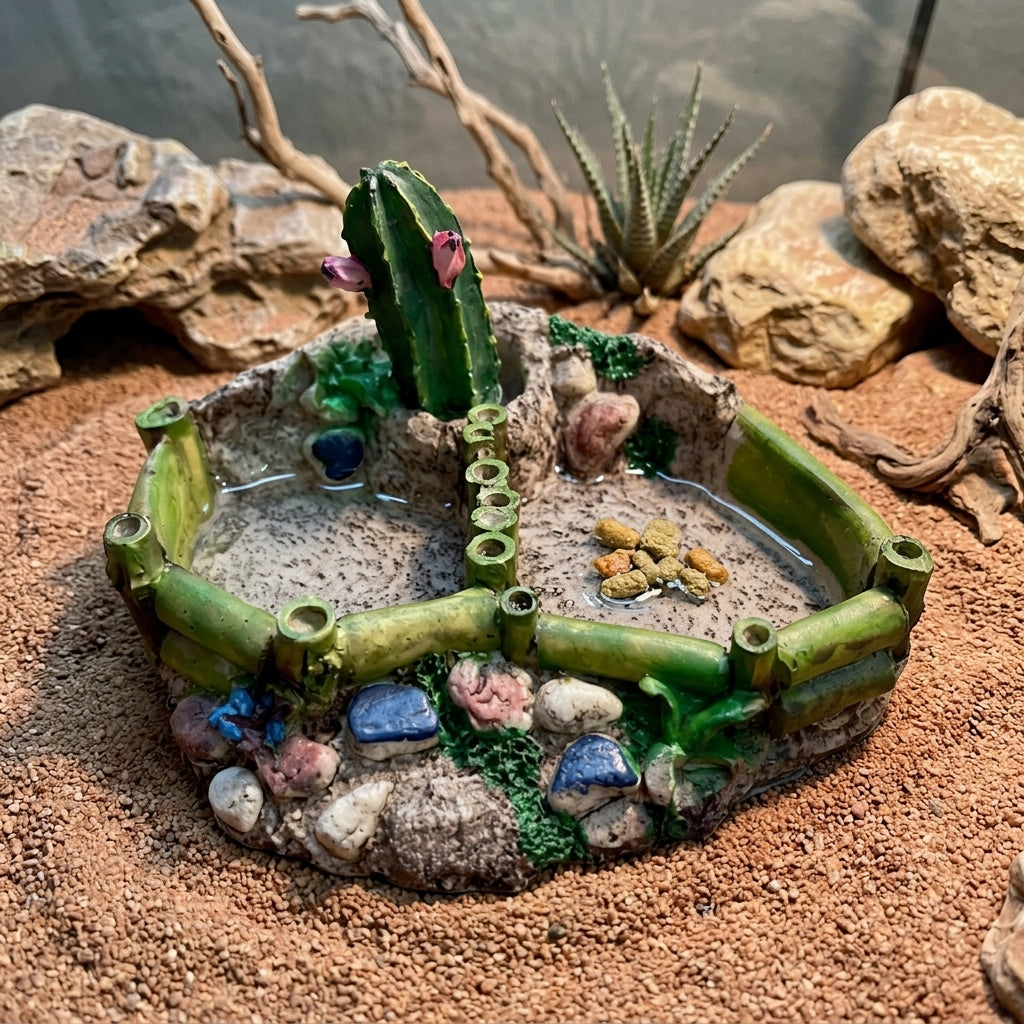 Dual-Compartment Tortoise Water Bowl, Naturalistic Reptile Dish for Hermit Crab, Snake Accessories for Landscape-Themed Basin