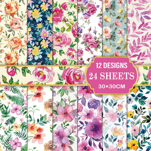 24 Sheets Floral Theme Craft Paper Floral Scrapbook Paper Vivid Prints for Collage