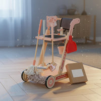 Educational Wooden Pretend Housekeeping Trolley Good Hygiene Habits Wooden Cleaning Trolley Toy Multifunction for Girls, Playroom, Home