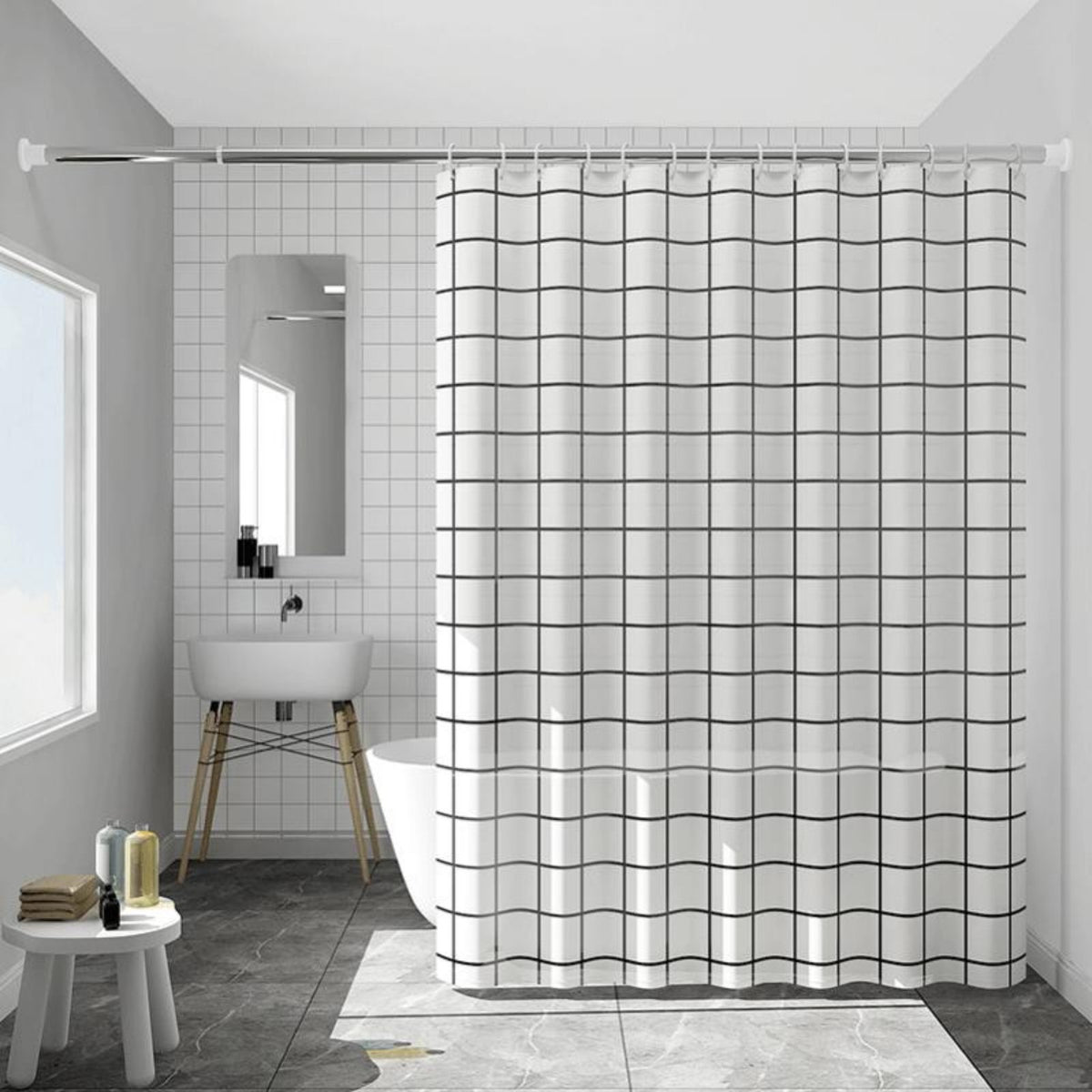 Grid Pattern Bath Curtain Punchtool-Less Installation for Bathtub, Renters