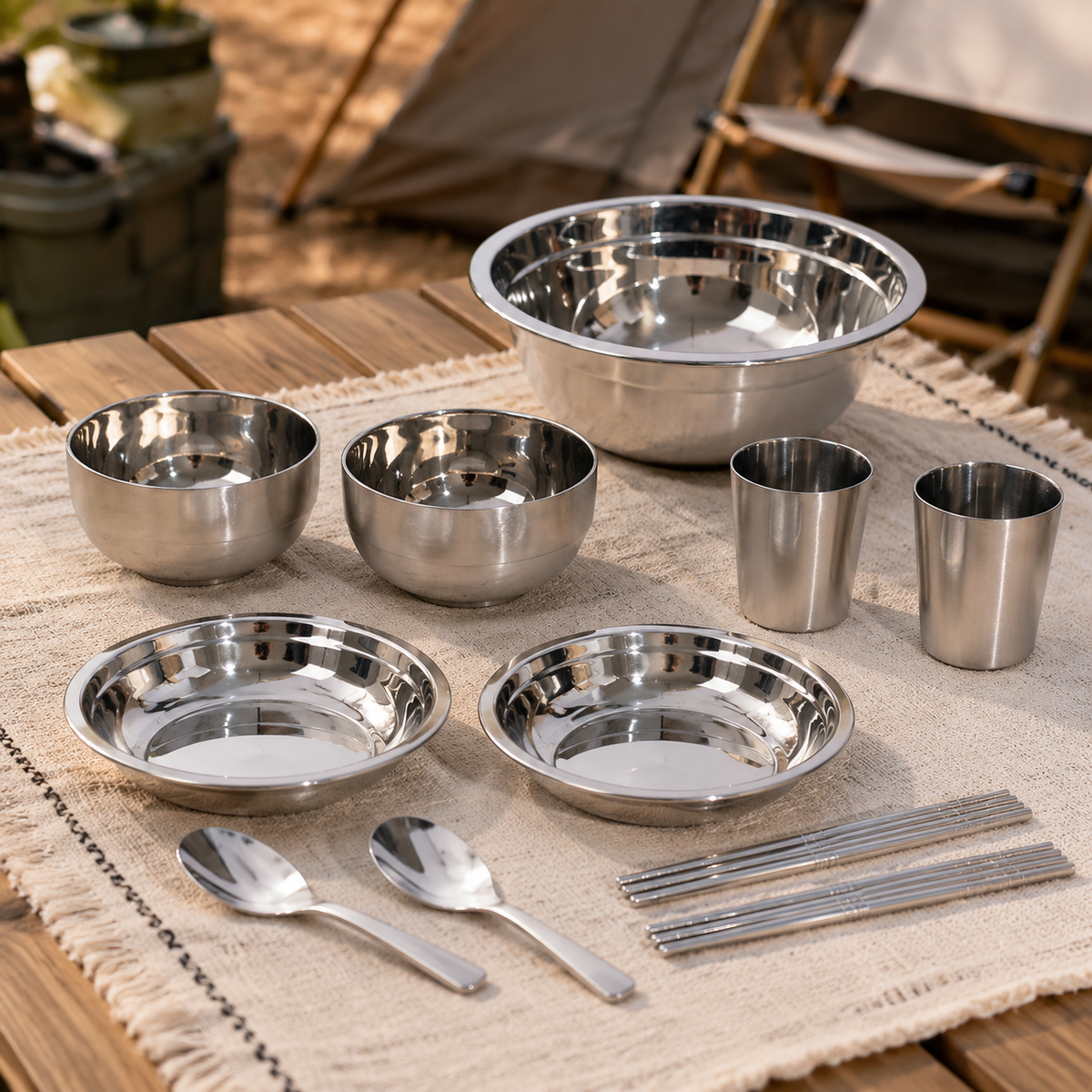 11-piece Camping Dinnerware Set, Stainless Steel Cutlery Set for 1 Person, Stackable, Perfect for Picnic, On-the-go, Vanlife, 20cm Plate