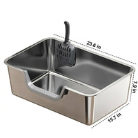 Cat Toilet Tray and Pan, Stainless Steel with 60cm Internal Length and Lid, Easy Cleaning Side Entry for Large Adult Cats