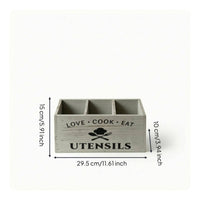 Rectangular Wooden Utensil Storage Box Decorative Lettering Three Compartment Utensil Organizer Rustic Country Cutlery Storage Box for Tabletop