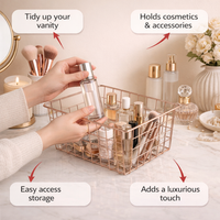 Bathroom Storage Wire Basket with Handle and Decorative Electroplated Finish, Metal Organiser for Pantry and Books, Tapered Design for Shelves