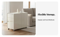 1 Piece Rolling End Table Mobile Bedside Table Solid Wood Cabinet Rock Slab Top with Smart Storage Suitable for Homeowners Seniors Living Room Bedroom