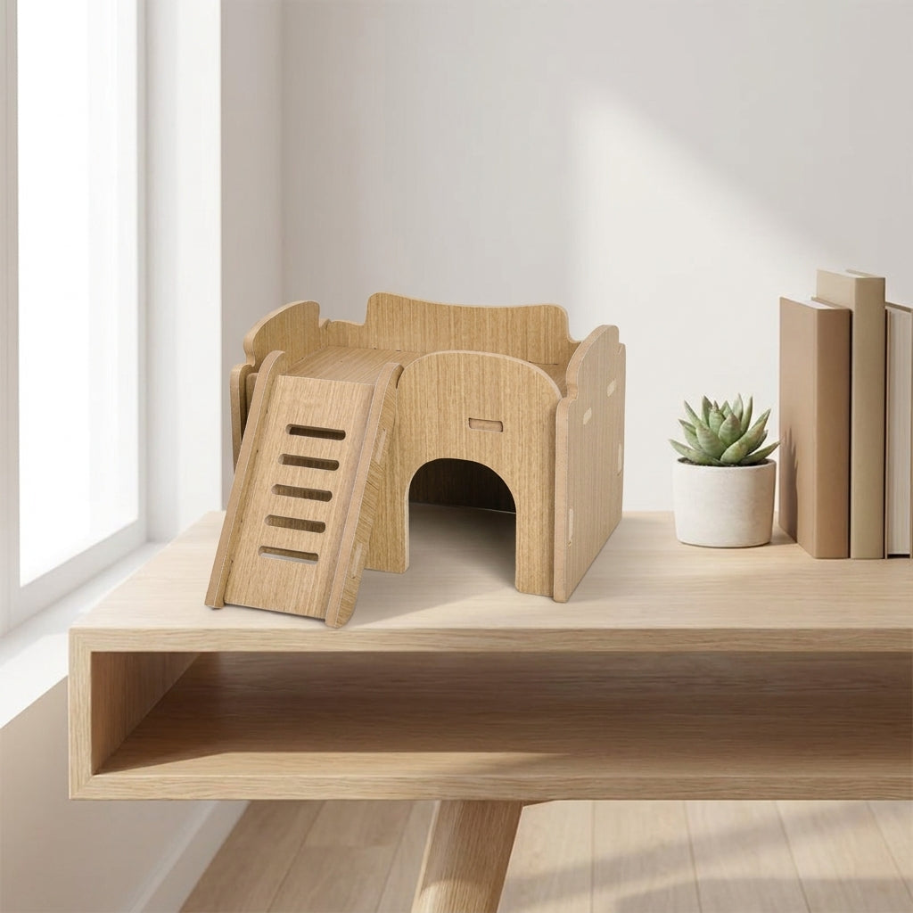 Hamster House Wooden Villa with Openings and Stairs, Multi-Chamber Syrian Hamster Hideaway, Square-Shaped Indoor Wood Nesting for Small Animals
