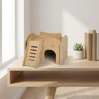 Hamster House Wooden Villa with Openings and Stairs, Multi-Chamber Syrian Hamster Hideaway, Square-Shaped Indoor Wood Nesting for Small Animals