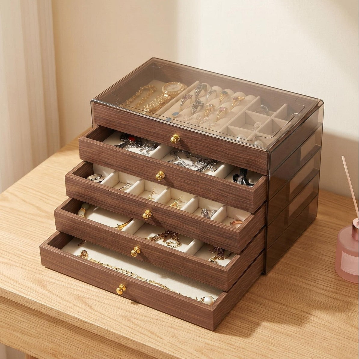 Large Capacity Walnut Jewelry Storage Box with Display Rack