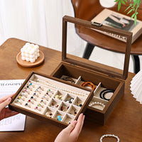 Solid Wood Double-Layer Jewelry Box with Lid, Large Capacity for Necklaces and Rings
