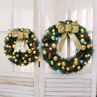 Christmas Wreath with Lights, PVC, Gold Bow and Pinecone, 60cm