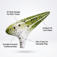 12 Hole Alto Instrument, Musical Instrument Gift for Music Lovers, Ocarina with Song Book Neck Cord  - Ink Line Green and White