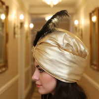 Gold Costume Headpiece Padded Turban with Feather Cushioned Hat for Photo Shoots