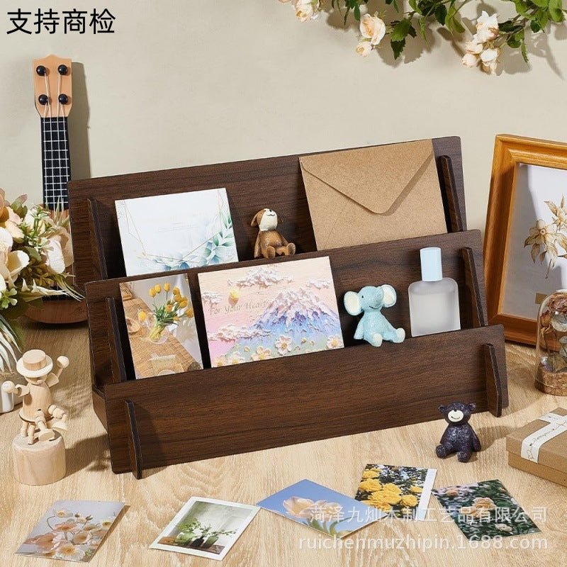 Wooden Jewelry Display Stand with Card Holder, Three-Layer Ladder Design