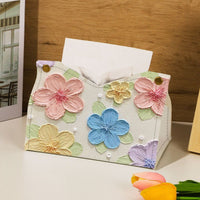 Luxury Oil Painting Colorful Flowers Tissue Box Cover, Leather, Tabletop, American Style