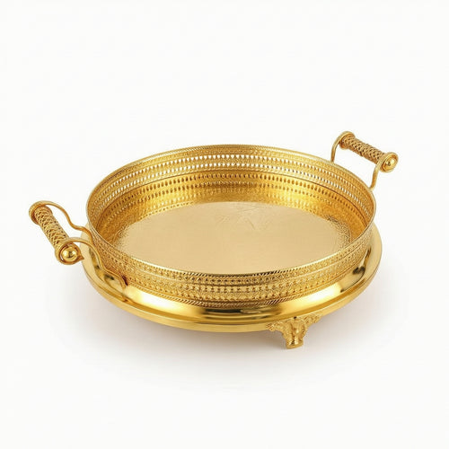 Decorative Metal Tray Gold-Tone Metal Serving Tray Shallow for Tea Service