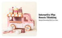 Wooden Dessert Cart Pink and White Dessert Cart Toy Striped Awning for Role-Play, Display