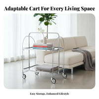 Easy Mobility Folding Fluted Glass Trolley Multi-Purpose 2-Tier Rolling Cart Modern Design Wheeled Side Table Vintage Aesthetic for Home Entertainers, Apartment Dwellers, Living Room, Kitchen, Bedroom, Balcony