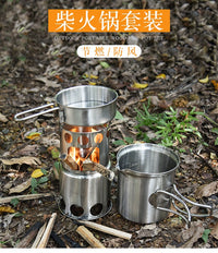 户外便携柴火炉套锅  野营防风柴火锅套装 火炉柴火炉AT6390