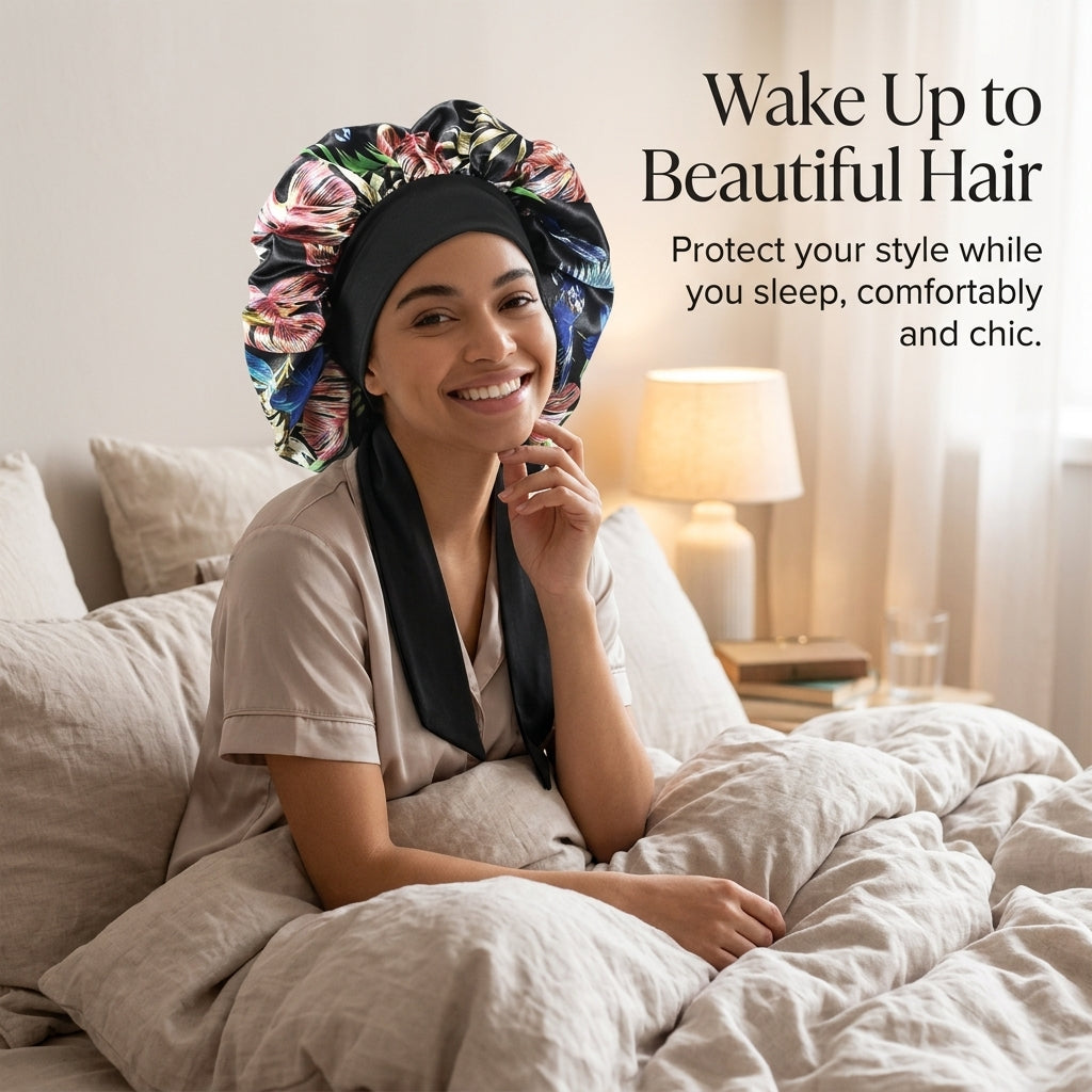 Long Satin Bonnet for Women Sleeping, Large Cap with Adjustable for Braids Curly, Hat Bedtime Use Butterfly Print Material