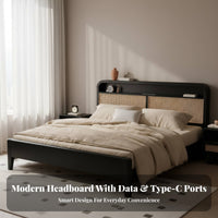Rattan Panel Bed Frame Wabi-Sabi Aesthetic Woven Cane Bedstead Vintage Design Bedroom Furniture for Homeowners, Apartment Dwellers, Guest Room, Home