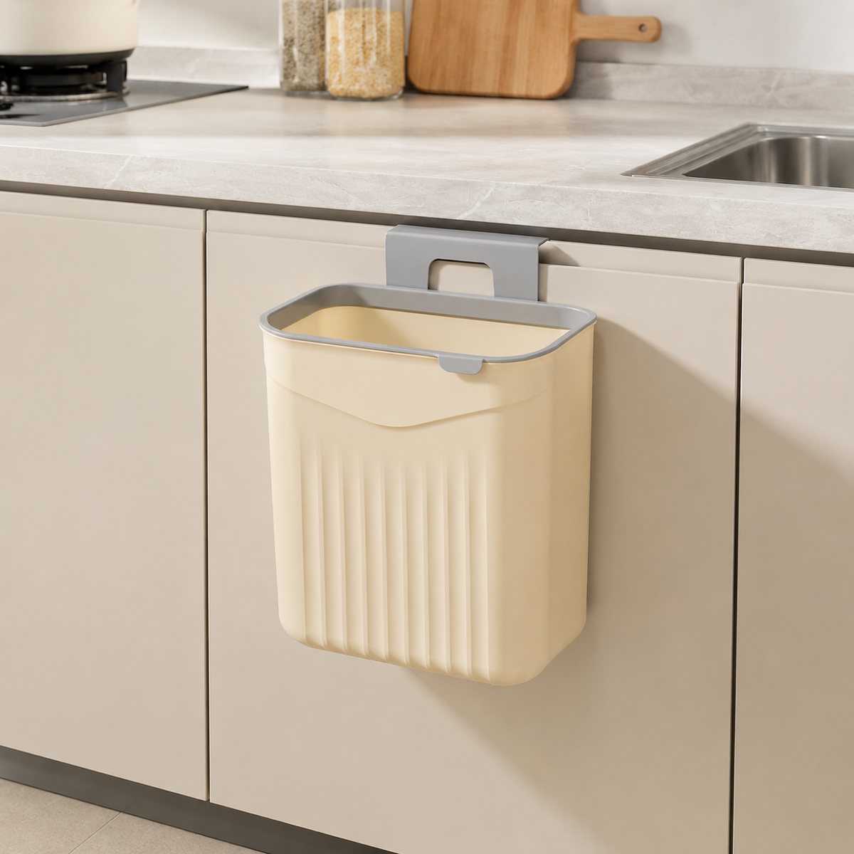 Car Trash Bin, With Lid, Small, 12L, Cream Color, Plastic, Hang on Door, Hanging, For Kitchen & Food Waste