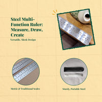 Metal Ruler, Multifunctional Measuring Tool, Drawing Compass, Metric & British Scales, Portable for School, Office, Engineers
