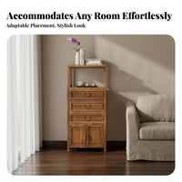 Modern Oriental Design Stepped Curio Cabinet Vintage Aesthetic Sideboard Staggered Shelving Storage Furniture Open and Closed Compartments for Tea Lovers, Art Collectors, Homeowners, Living Room, Entrance Hall, Bedroom, Office