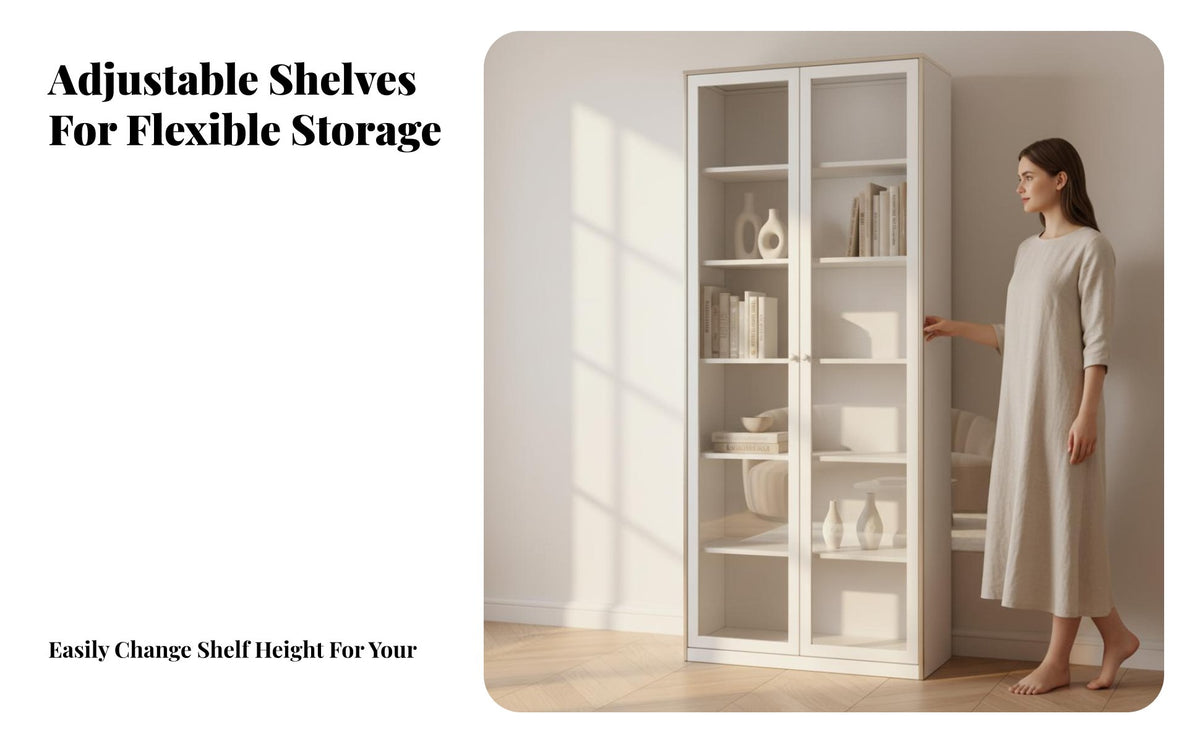 Sturdy Metal Frame Bookcase with Glass Doors Large Capacity Bookshelf Heavy-Duty Display Cabinet Easy to Clean for Book Lovers, Homeowners, Office Workers, Living Room, Bedroom, Retail Space