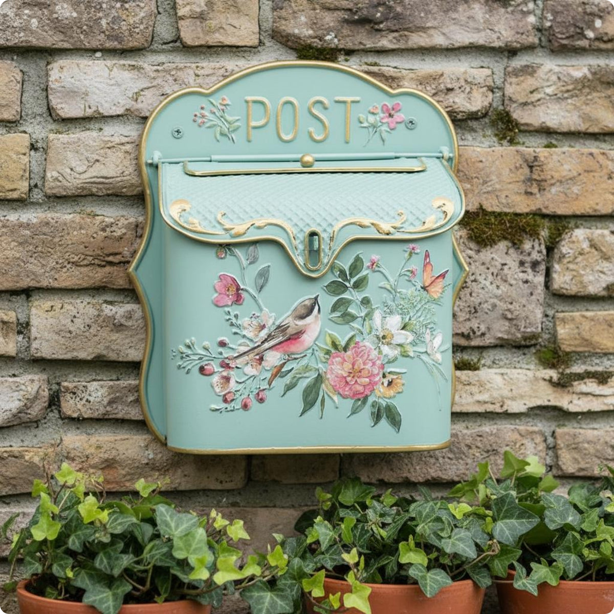 Vintage Metal Mailbox Ironwork Decorative Mailbox Hand-Painted Floral Design Vintage Post Box