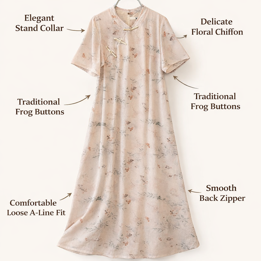 Maxi Dress for Plus Size Women with Floral Print and Chinese Qipao Style, Three Quarter Sleeve Summer Casual Loose Flared Fit with Frog Buttons