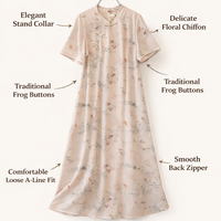 Maxi Dress for Plus Size Women with Floral Print and Chinese Qipao Style, Three Quarter Sleeve Summer Casual Loose Flared Fit with Frog Buttons