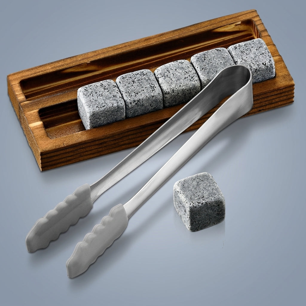 Gift for Him Whisky Stones Gift Set with 9 Chilling Stones, Bar Accessories with Silicone Ice Clip Set, Granite Rocks Reusable, Wood Barware