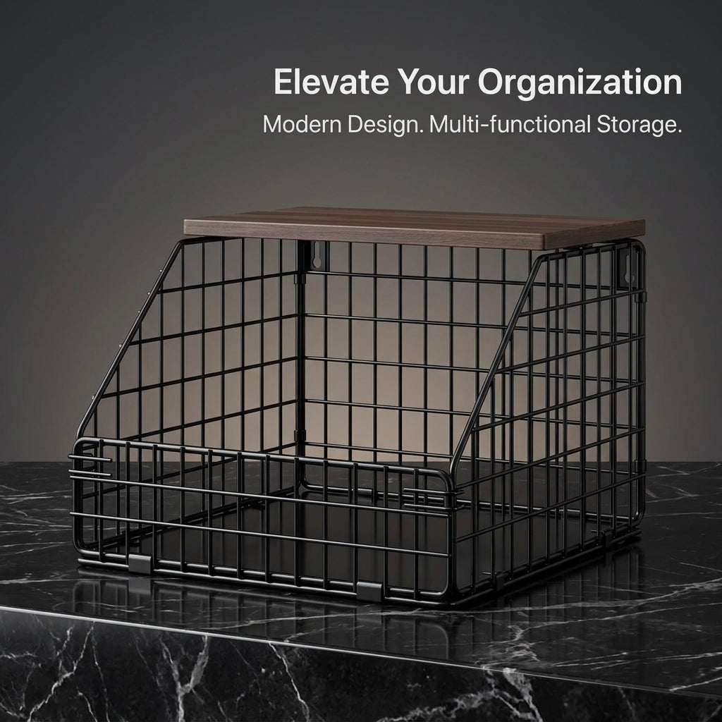 Storage Baskets with Metal Wire and Wooden Handle for Kitchen Organization, Hanging with Hook for Bedroom, Stackable Bins for Shelves