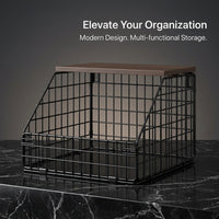 Storage Baskets with Metal Wire and Wooden Handle for Kitchen Organization, Hanging with Hook for Bedroom, Stackable Bins for Shelves