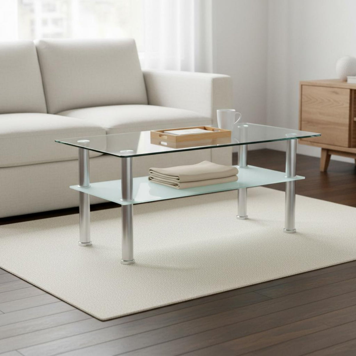 1 Piece Glass Top Table 2-tier Coffee Table Minimalist Layered Glass Stainless Steel Legs Easy Maintenance Suitable for Homeowners Families Small Areas Living Room Office