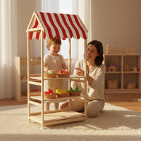 Striped Awning Children's Book and Toy Organizer Natural Wood House-Style Shelf Freestanding Children's Toy Rack Accessible Design