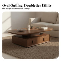 Minimalist Aesthetic Oval Coffee Stand with Drawers Spacious Tabletop Living Room Furniture Vintage-Inspired-Century Modern Design Central Table Two-Tier Design for Homeowners, Families, Renters, Lounge Area, Home