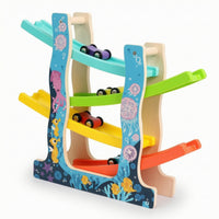 Multi-Level Wooden Car Ramp with 6 Cars Compact Wooden Car Ramp Race Track Toy Indoor Toddler Race Track for Preschoolers