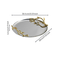 Stainless Steel Tray with Gilded Branch Accents Shallow Mirrored Metal Tray Metal Serving Platter for Homeowners, Entryway, Coffee Table