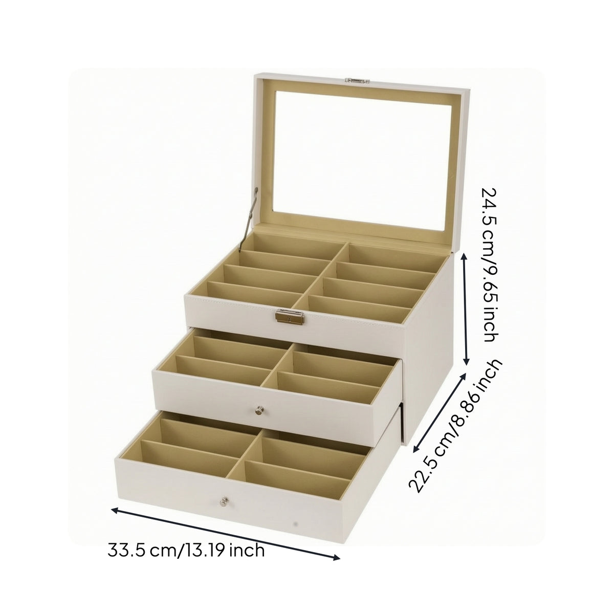 Eyeglass Display Case with Window Three-Tier Glasses Storage Box with Drawers Sunglass Organizer with Drawers Tabletop